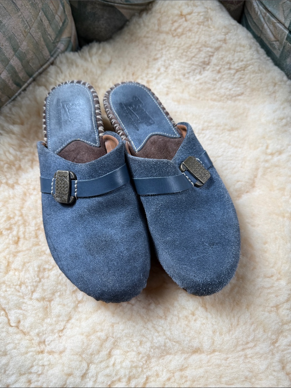 Women's Suede Slip-On Mule in Dark Blue with Decorative Buckle by Tsonga
